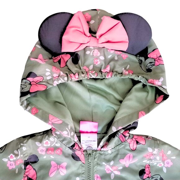 Disney Minnie Mouse Girls Hooded Floral Jacket – Green Pink Bow Coat, Size 3T - Picture 3 of 10